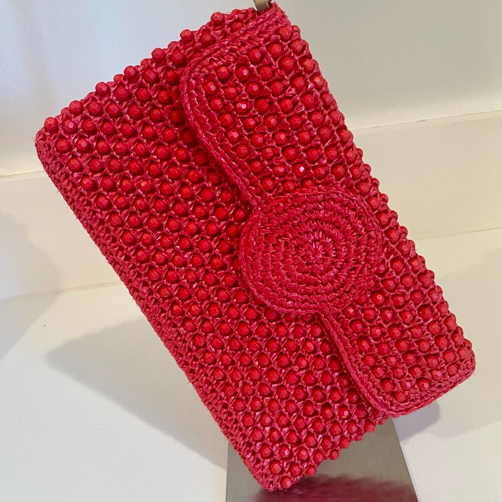 Trina Turk Raffia Beaded Clutch Wristlet Coral - Picture 10 of 11